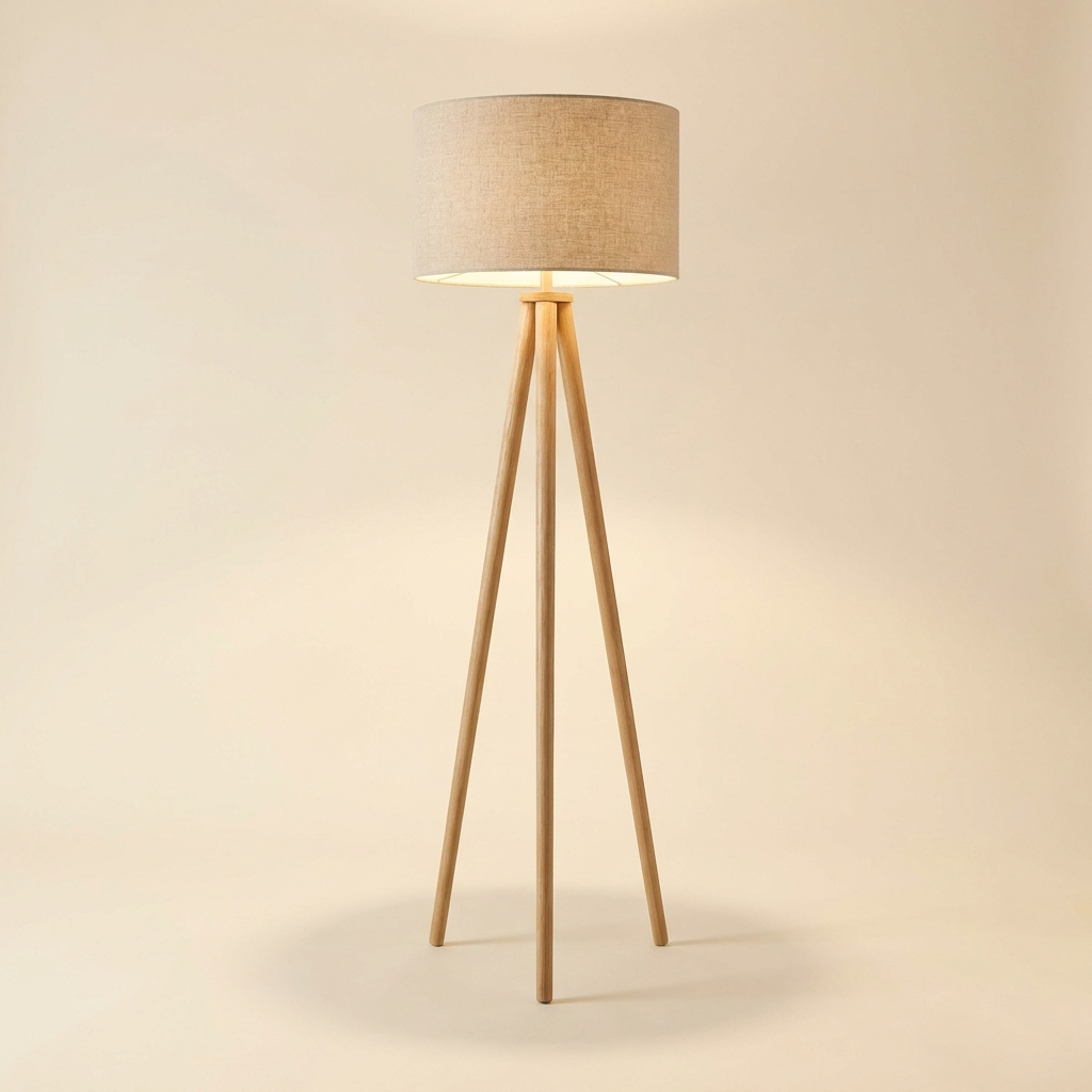 Tipi — Lampadaire trépied bois et abat-jour lin