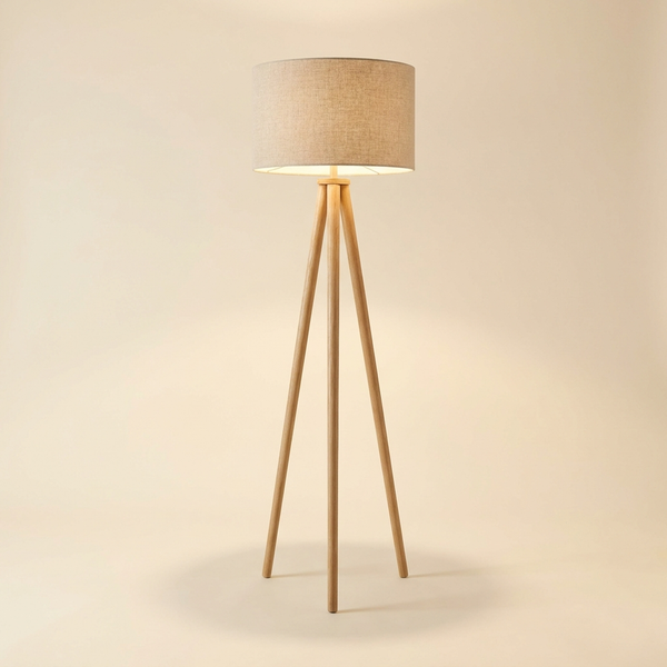 Tipi — Lampadaire trépied bois et abat-jour lin