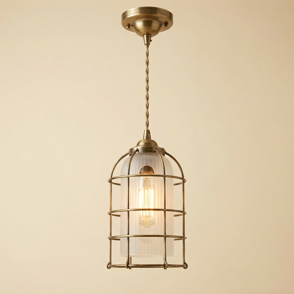 Edison — Suspension cage laiton & verre strié