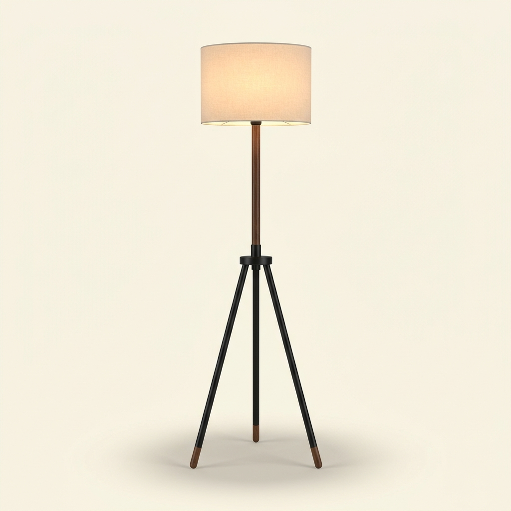 Établi — Lampadaire trépied bois & métal noir