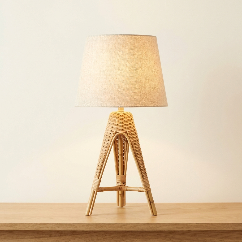 Mékong — Lampe à poser trépied bambou, abat-jour rotin