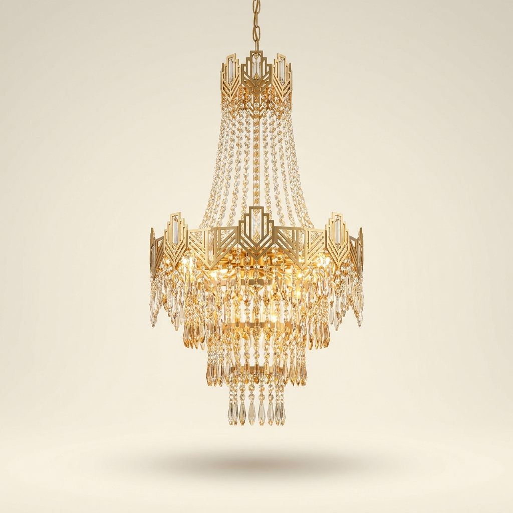 Cristal — Grand lustre cascade en cristal et laiton