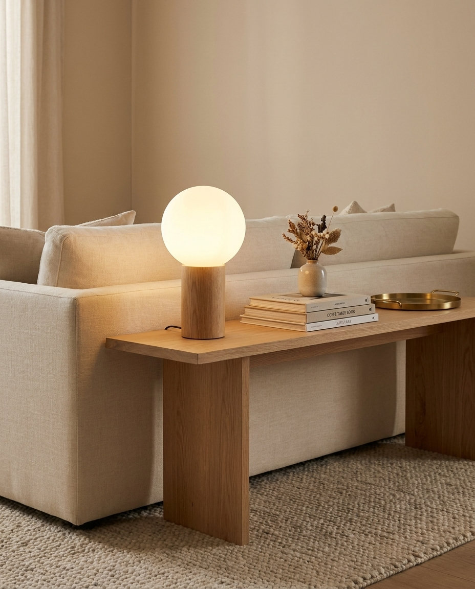 Galet — Lampe à poser japandi bois et verre opale
